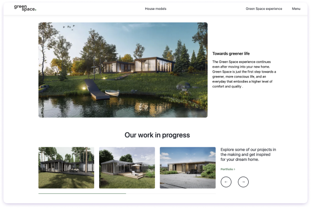 Green Space website on a smartphone - hero visual of a modern wood-and-glass house surrounded by trees, with the brand tagline and house-model navigation.