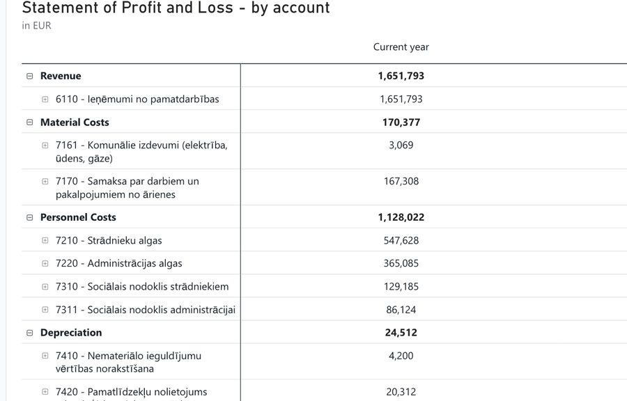 Profit and loss broken down by individual ledger account, pulled straight from the accounting system